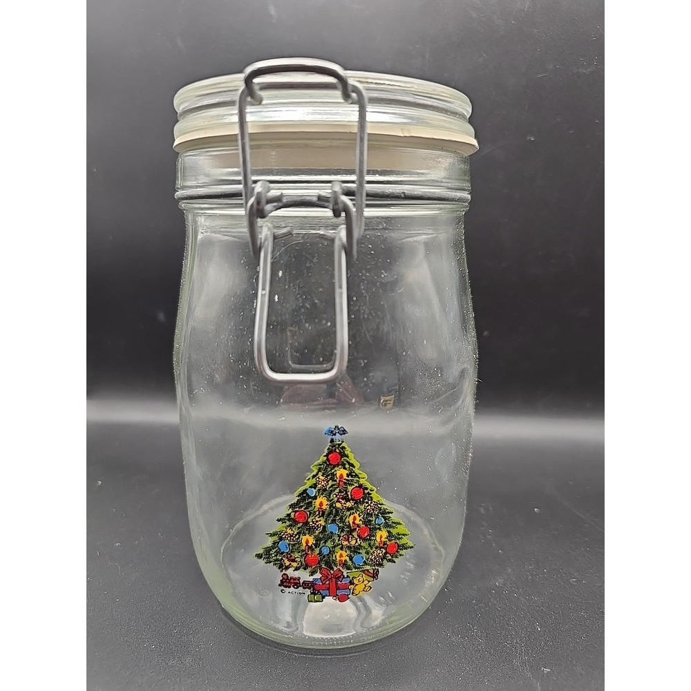 Action Carlton Glass Christmas Tree ERMETICO 1 L Canister Jar Wire‎ Lock Lid USA